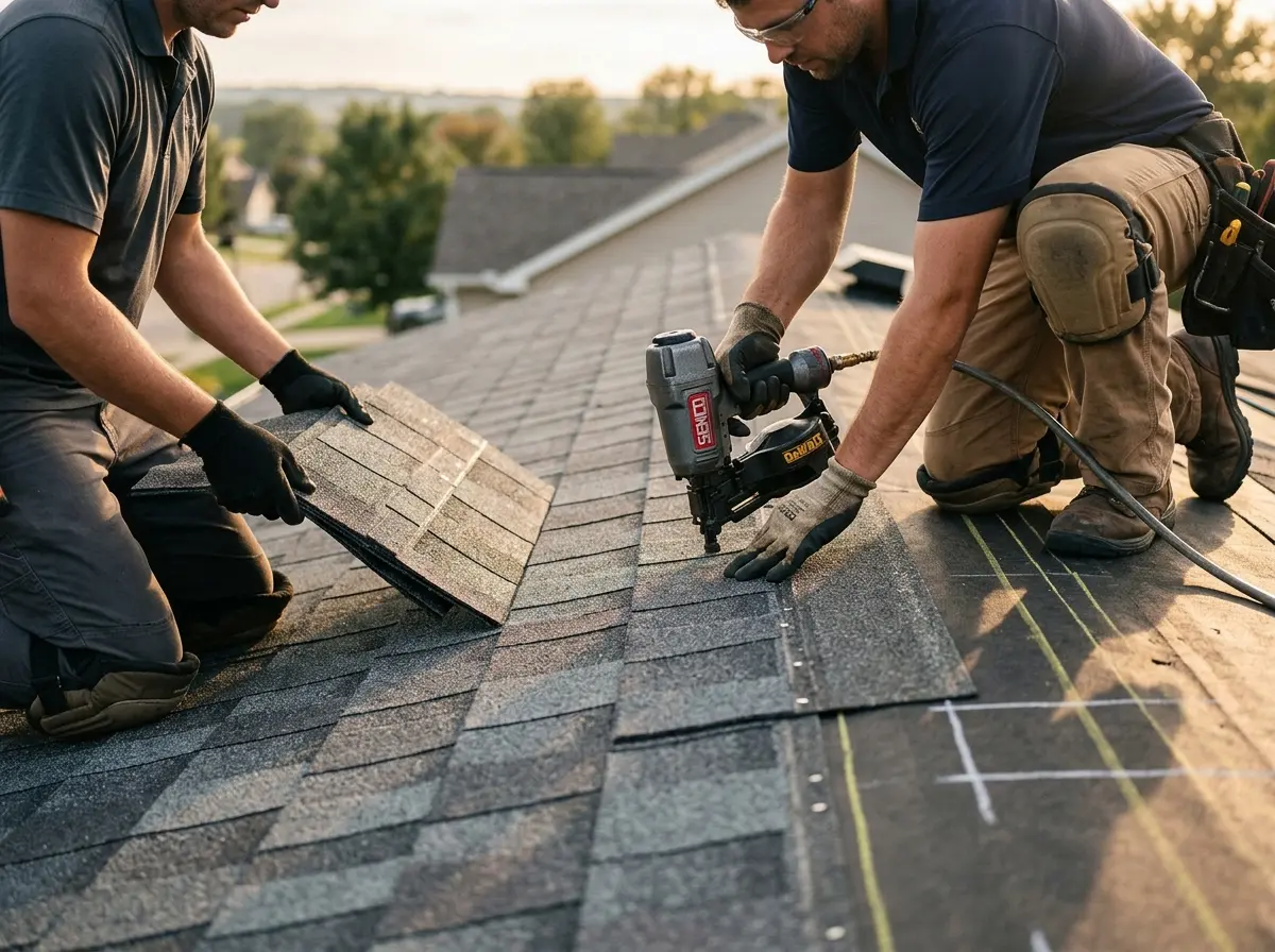 Professional roofer working on a residential roof in Northridge